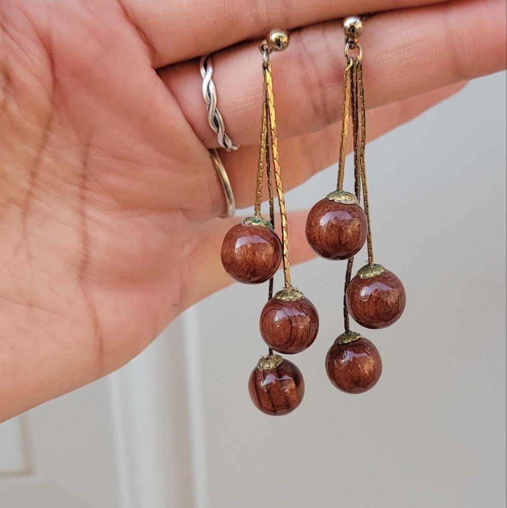Exquisite triple strand genuine mahogany wood dangling earrings